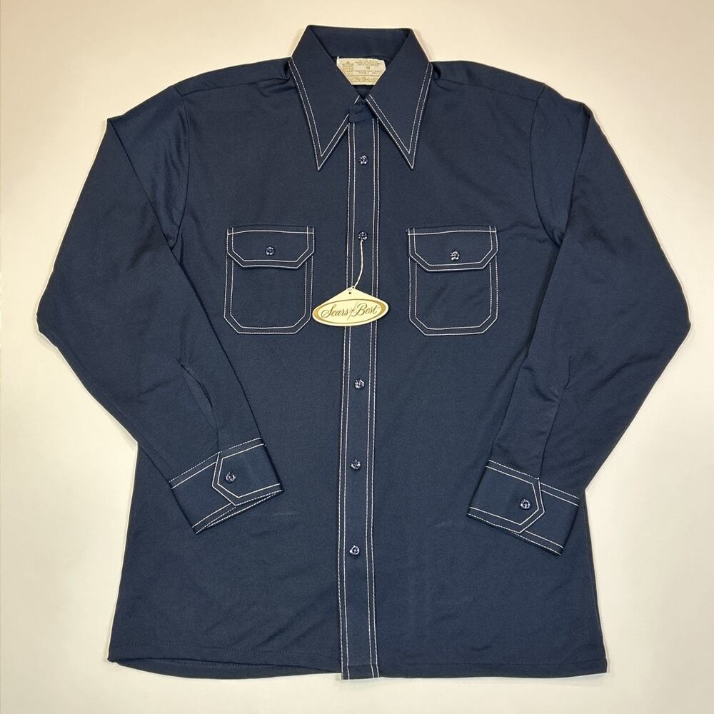 Vintage Sears Kings Road Shirt Men Medium NWT 70s Navy Western Leisure Polyester